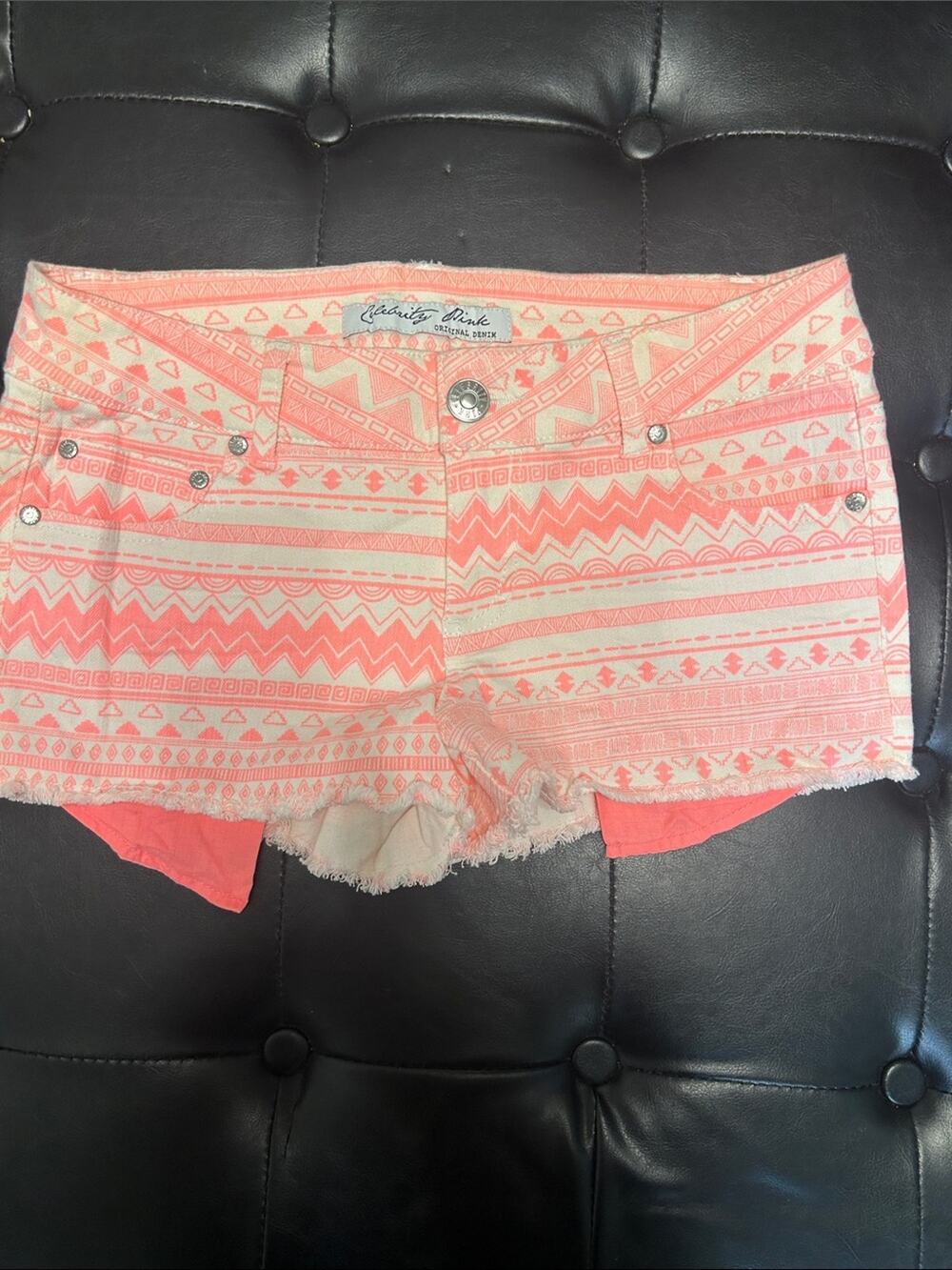 Celebrity Pink Coral and White Aztec Print Denim Cutoff Shorts